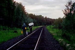 Portaging down the tracks.