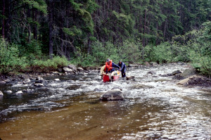 Dragging canoes.